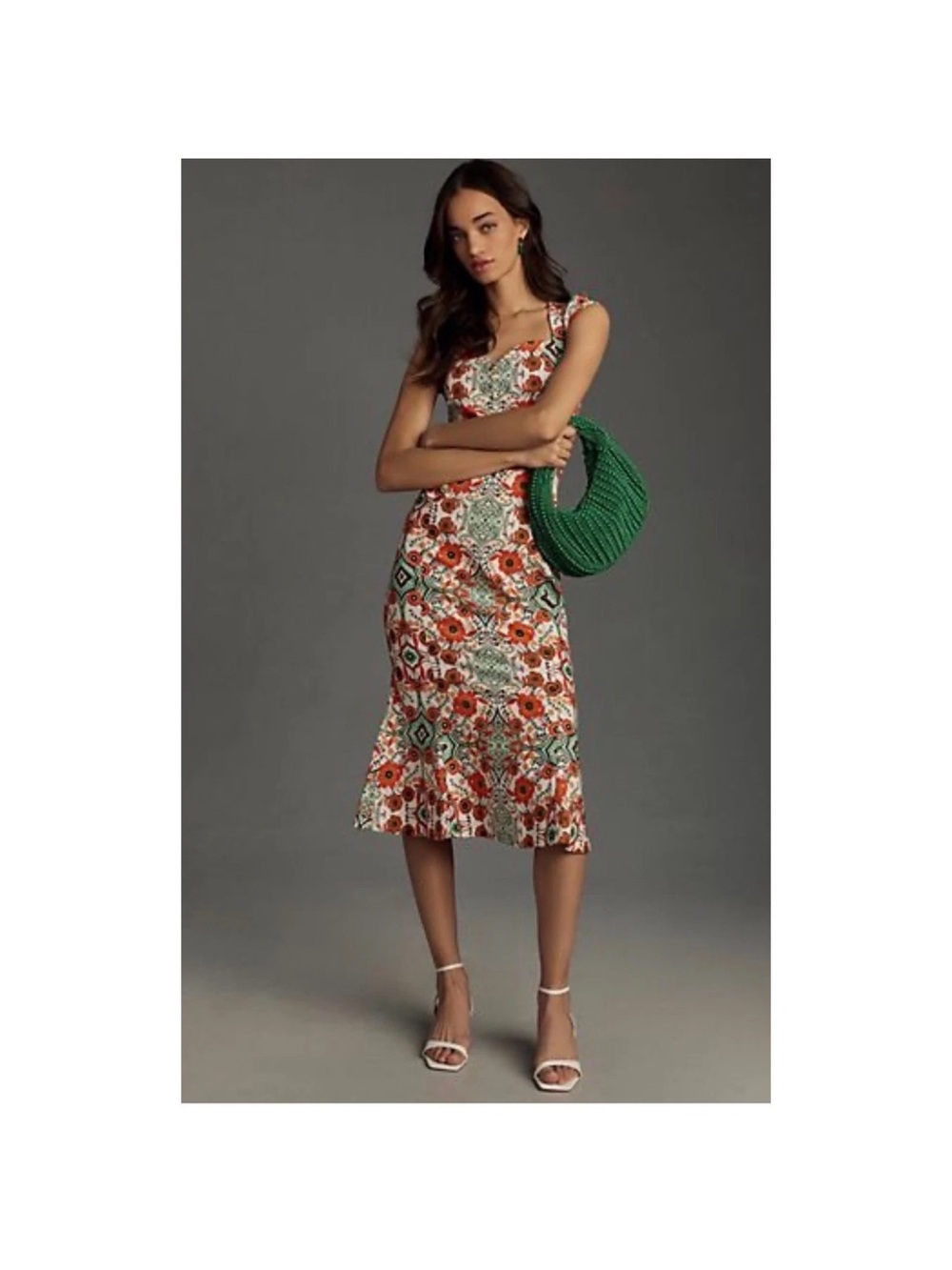 Anthropologie Floral Midi Dress in Red, Green & Cream